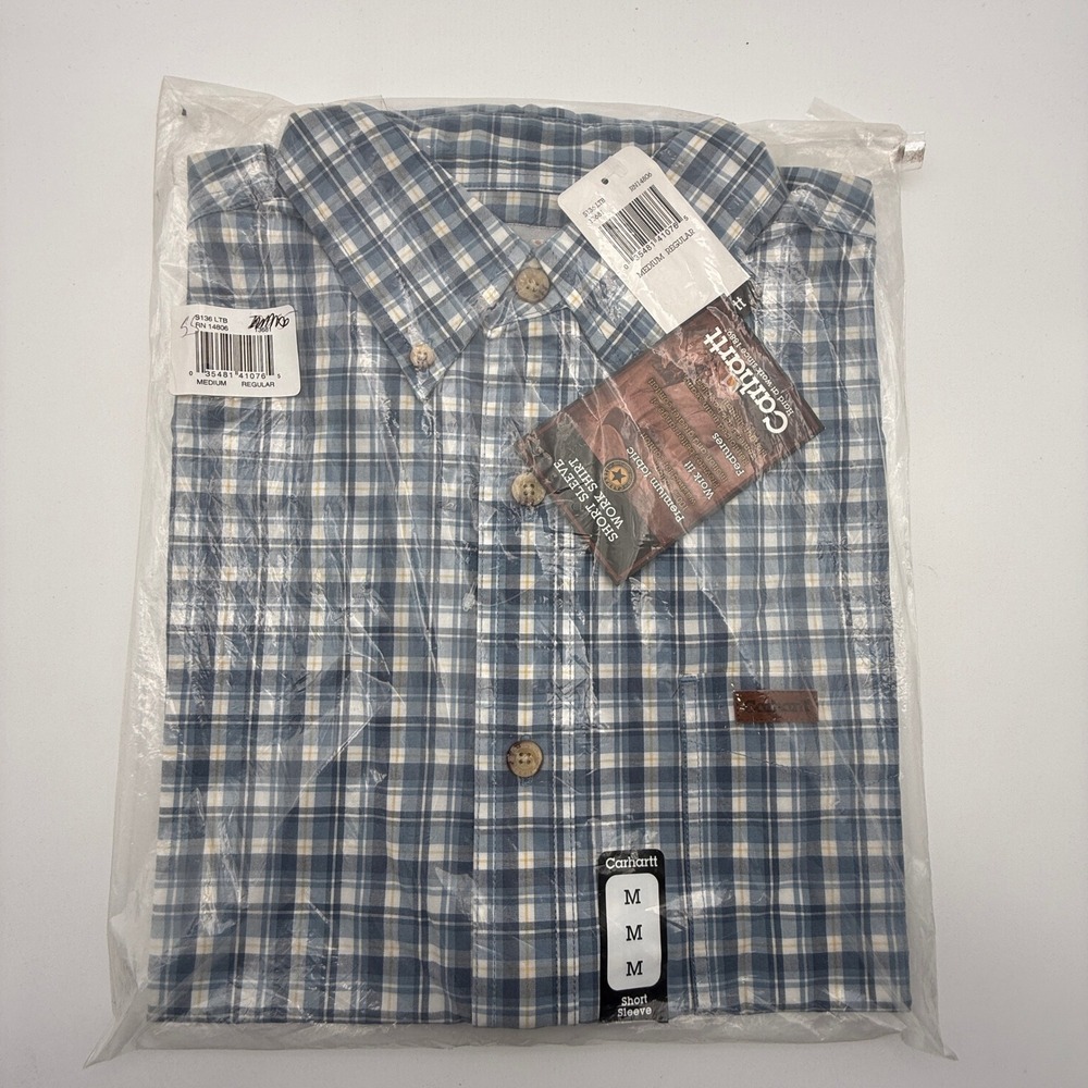 Carhartt Mens S136 LTB Short Sleeve Plaid‎ Work Shirt Blue Tan Medium NWT